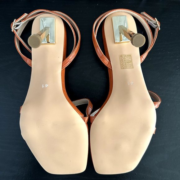 Women's High Sandals Buckle Heel Orange -  Heel Gold Color - Square Open Toe - Picture 6 of 6